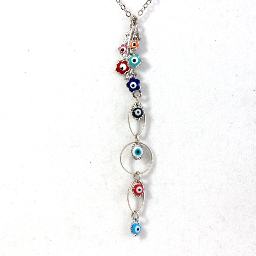 Handmade Multi-Color Colorful Evil Eye Silver Flower Lariat Y Dangle Necklace